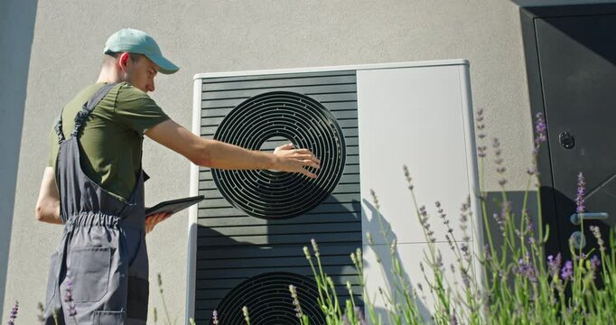 Technician inspecting an outdoor heat pump unit at a residential property on a sunny day.