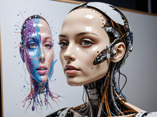 Illustration of artificial intelligence creating paintings, depicting the fusion of technology and art. The scene features a digital or robotic system generating vibrant, creative artworks.AI


