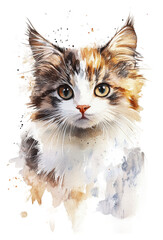 Adorable calico cat in watercolor isolated on transparent background