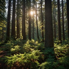Obraz premium Sunlight filters through dense forest canopy, casting warm glow on ferns, forest floor. Towering conifers create natural rhythm, their trunks standing tall.