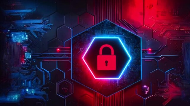 A glowing red padlock icon with blue neon outline, set against a dark background of abstract circuitry.
