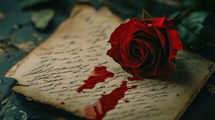 Close-up of a red rose shedding blood tears onto a worn love letter, evoking deep feelings of sorrow and heartbreak.
