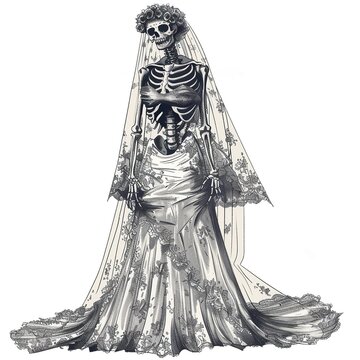 A creative illustration of a skeleton bride in an elegant wedding dress, symbolizing life, love, and the celebration of afterlife.