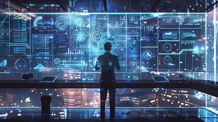 Business planner creating risk mitigation strategies advanced holographic charts and predictive models
