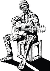 Zombie musician is playing his last song in apocalypse world Black and white
