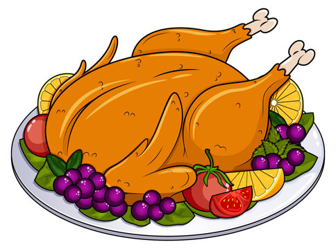 roasted turkey on plate with fruits clip art preview