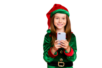 Portrait of cheerful elf with long red head hairstyle use cell phone gadget read newyear post wearing green hat cap costume isolated over red background