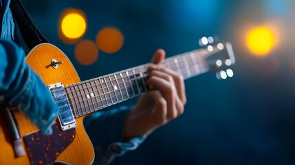 Obraz premium Close up of a Musician Playing Electric Guitar on Stage with Bokeh Lights