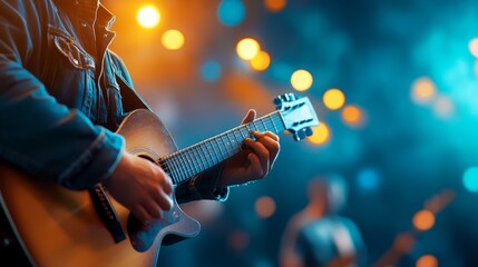 Fototapeta premium Close Up of Musician Playing Acoustic Guitar on Stage with Bokeh Lights
