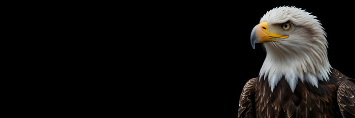 Fototapeta premium bald eagle portrait against black panoramic background with empty space