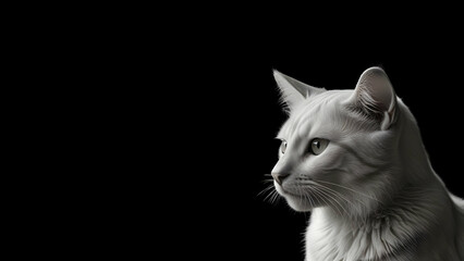 white cat face portrait on black background with empty space