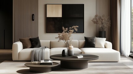 modern beautiful interior of living room, beige and dark tones, wood, marble