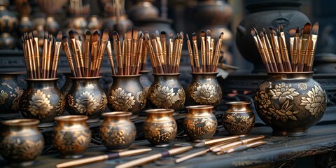 a group of metal vases with sticks. 