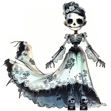 A whimsical skeleton figure in a flowing white gown, perfect for celebrating Dia de los Muertos and capturing unique art.