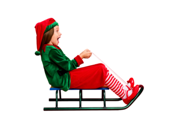 Full length profile side photo of excited elf kid in hat with long red head haircut  sledding screaming wearing  cap costume isolated over red background
