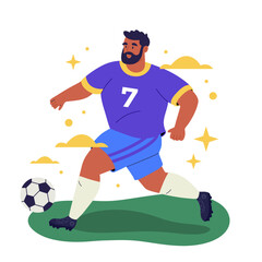 A football player runs while playing football. An athlete playing European football runs with a ball. Flat vector illustration on a white background