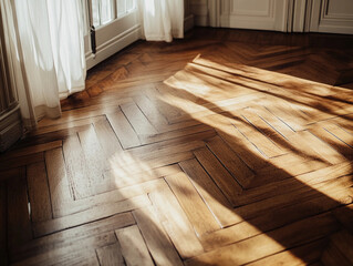 Chevron-patterned wooden floor in a historic Parisian apartment