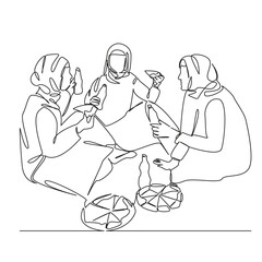 One continuous single drawing line art flat doodle muslim girls eating pizza and drinking lemonade, talking, fun, communication, students. Isolated image hand draw contour on a white background
