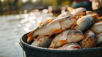 bucket packed with fish beside fishing rod on riverbank