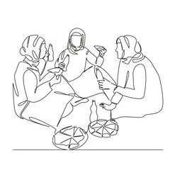 One continuous single drawing line art flat doodle muslim girls eating pizza and drinking lemonade, talking, fun, communication, students. Isolated image hand draw contour on a white background
