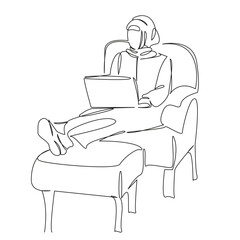 One continuous single drawing line art flat doodle muslim girl, modern, purposeful, laptop, chair, comfort, learning. Isolated image hand draw contour on a white background
