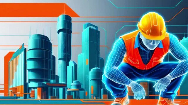 A digital representation of a construction worker kneeling in front of a futuristic cityscape.