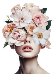 A woman with flowers covering her face in spring isolated on transparent background