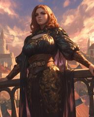 dwarven female in dark elegant attire standing on a balcony at dusk, her expression confident and assertive