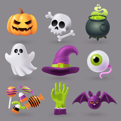 Collection of spooky objects and characters. Halloween design elements in 3d style. Decorations for children's design for the celebration of Halloween. Vector illustration.