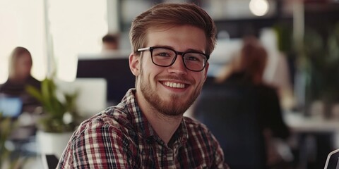 Obraz premium Confident Young Entrepreneur: Close-up Portrait of Successful Businessman Investor Smiling at Camera. Professional in Glasses at Workplace for Marketing, Cultural Diversity, and Freedom Concepts. AI-G
