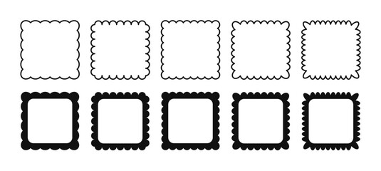 Set of square frames with wavy edges. Linear and silhouette wiggly borders.