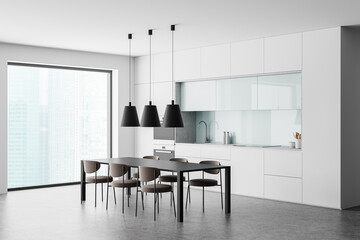 Modern kitchen interior with dining table and chairs. 3D Rendering