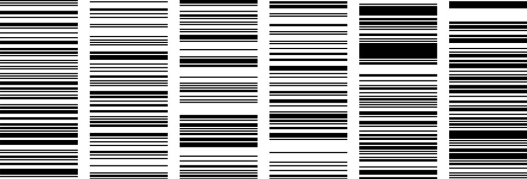 Set of horizontal barcodes as seamless pattern. Binary simple bg with encoded information for scanners or digital devices. Vector background with irregular lines
