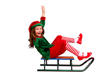 Profile side view of her she nice attractive cheerful cheery glad carefree pre-teen elf santa claus...