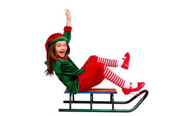 Profile side view of her she nice attractive cheerful cheery glad carefree pre-teen elf santa claus having fun sledging wintertime isolated over bright vivid shine red background