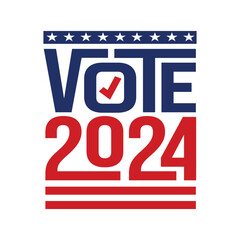 Vote 2024 logo with red and blue text for US presidential election. Election sticker, badge, label, poster, banner, greeting card. Stars and USA flag red strips Vector illustration.