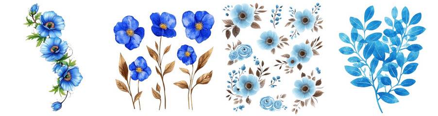 Fototapeta premium A watercolor illustration with flowers and leaves isolated on a white background.