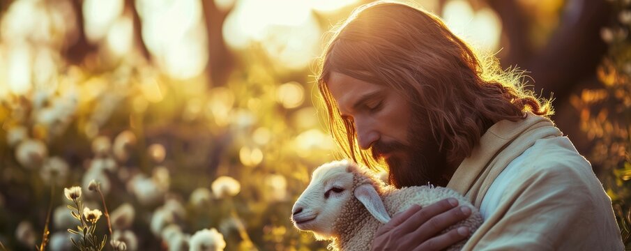 Serene image of Jesus Christ holding a gentle lamb, symbolizing peace and care. Free copy space for text.