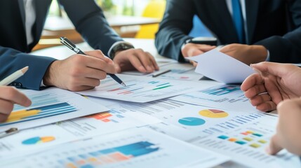 Business team collaborating on financial reports during a strategy meeting in a modern office environment
