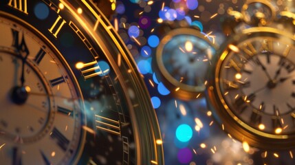Fototapeta premium Exciting Midnight Countdown: Large Clocks and Digital Timers with Fireworks Lighting Up the Night Sky.