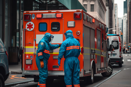 Paramedics in protective gear attending to a patient with potential infectious disease, emphasizing safety and precaution.