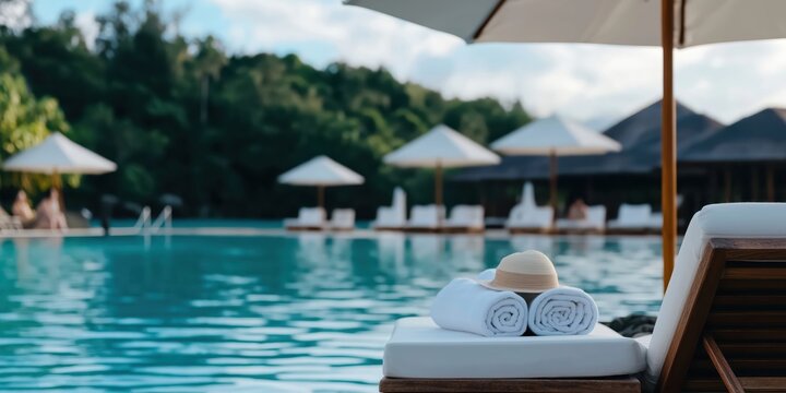 A sunbed with towels next to a pool at a luxury hotel resort