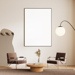 Fototapeta premium Minimalist living room interior with blank framed poster on wall. 3D Rendering