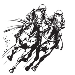 Competitive Horse Racing Vector Art Black and White Illustration of Racehorses in Action on White Background