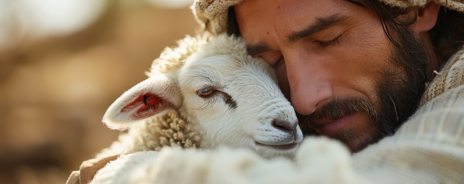 Serene image of Jesus Christ holding a gentle lamb, symbolizing peace and care. Free copy space for text.