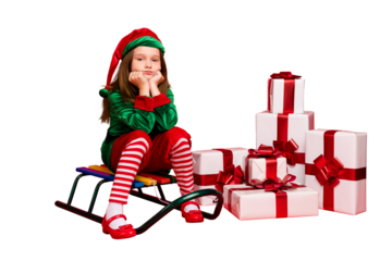 Portrait of her she nice attractive charming tired overwhelmed pre-teen elf Santa Claus apparel look outfit sitting on sled pile stack boxes delivery isolated over bright vivid shine red background