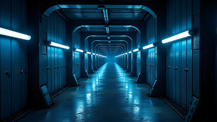360-Degree Panoramic View of a Dark Tunnel with Laser Lights and Neon Glow in a Futuristic Cyber Hangar