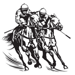 Horse Racing Stock Vector: Dynamic Black and White Illustration of Competitive Racing on a White Background