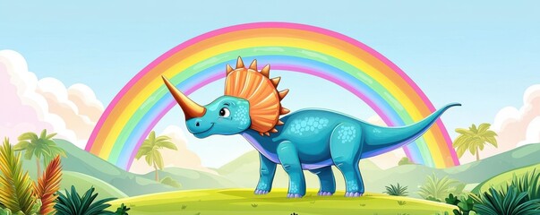 Obraz premium Triceratops grazing under a double rainbow in a vibrant, cartoonish landscape, bright, cheerful, child-friendly illustration
