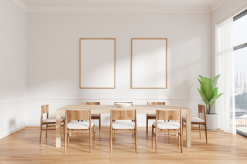 Stylish dining interior with table and chairs, panoramic window. Mockup frames